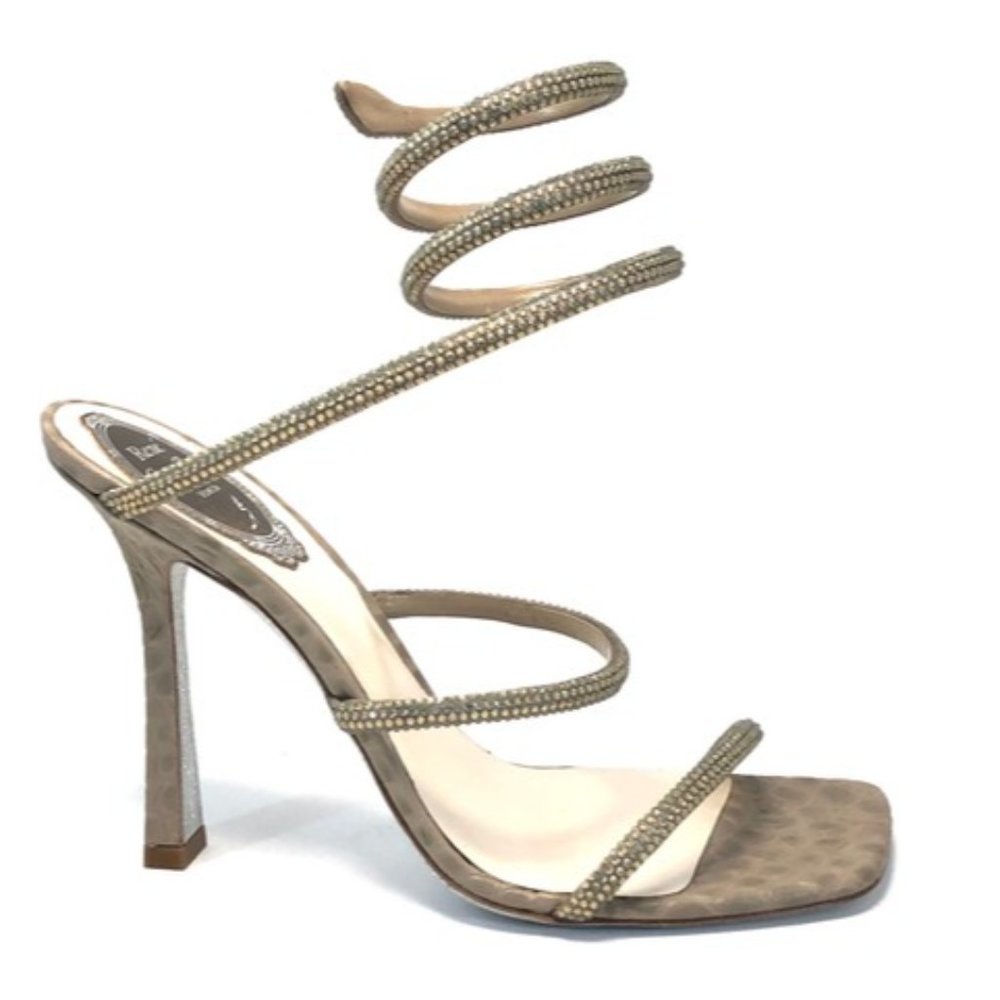 Rene Caovilla Taupe Cleo Opal Strass Satin Embellished 105mm Sandals EU:38